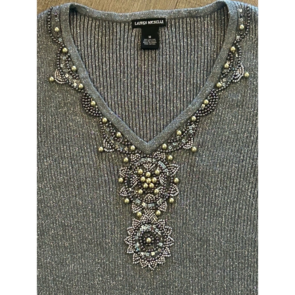 Lauren Michelle Ribbed Knit Sweater Top Medium Silver Metallic Beaded Sequins EC